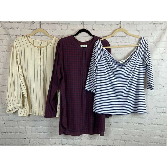 OLD NAVY set of 3 cream red blue check striped top tunic shirt long sleeve XXL - Picture 1 of 10